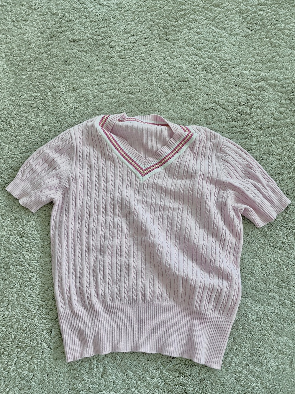 Light Pink Cable Knit V-Neck Polo Sweater